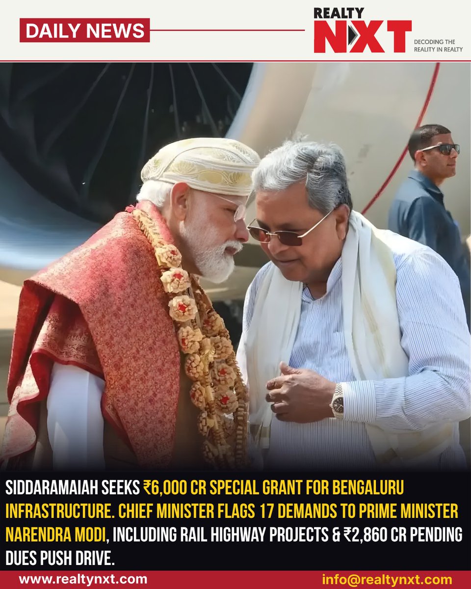 RealtyNXT's tweet image. #News | @CMofKarnataka Siddaramaiah seeks ₹6,000 crore Bengaluru infrastructure grant from PM Modi, flags 17 demands, rail projects, ₹2,860 crore dues, development push initiative drive growth.

#RealtyNXT #Bengaluru #Infrastructure #KarnatakaCM #PMModi #RailProjects #Highway