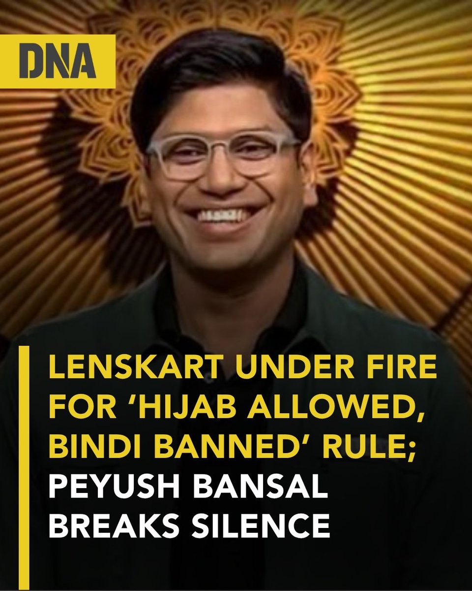 dna's tweet photo. Peyush Bansal has dismissed allegations that the Lenskart’s current style guide allows employees to wear a hijab, but not a bindi, tilak or a kalawa. The “Lenskart Staff Uniform and Grooming Guide”, which began circulating online yesterday, sparked a row over alleged religious discrimination, prompting Bansal to issue a clarification.

#DNAUpdates | #PeyushBansal | #Lenskart
