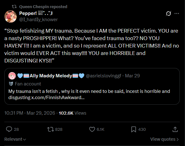 prokyonidae's tweet photo. of COURSE this person has a pre-made agenda &amp; scripts ready to reply to posts like OP, there's no way those replies were made in good faith.
if you follow or retweet the 'fandom purity culture' acct you're just a gamergater but for fanfic.
also retweets attacks on incest victims: https://t.co/YDOy8z8cxk