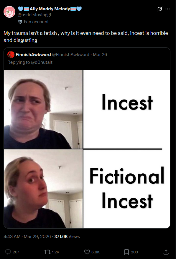 prokyonidae's tweet photo. of COURSE this person has a pre-made agenda &amp; scripts ready to reply to posts like OP, there's no way those replies were made in good faith.
if you follow or retweet the 'fandom purity culture' acct you're just a gamergater but for fanfic.
also retweets attacks on incest victims: https://t.co/YDOy8z8cxk