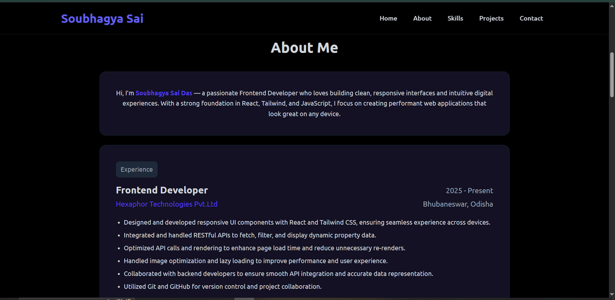 Soubhagya_sai_d's tweet image. Complete my Portfolio website using  #react.js and #tailwind  and deploy it in #vercel

link: portfolio-soubhagyasai-das.vercel.app
#buildinpublic, #javascript
