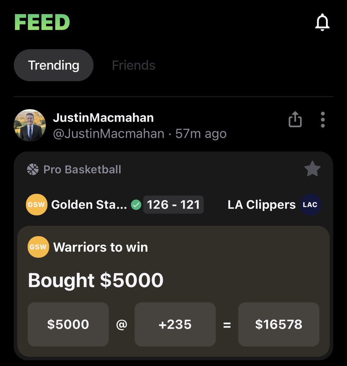 JustinMacmahan's tweet photo. Once the Warriors got the momentum and it was clear that Kawhi was mentally and physically clamped, I tagged the entire RGP Discord to live bet the Warriors. Great way to end the day! https://t.co/QKx0ogwZ2E