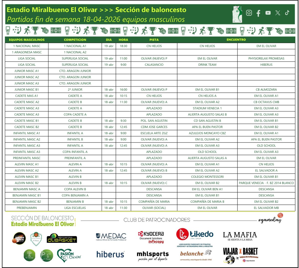 Partidos 🏀 
📷Fin de semana 18-19 Abril
<a href="/EM_ElOlivar/">Estadio Miralbueno El Olivar</a>
