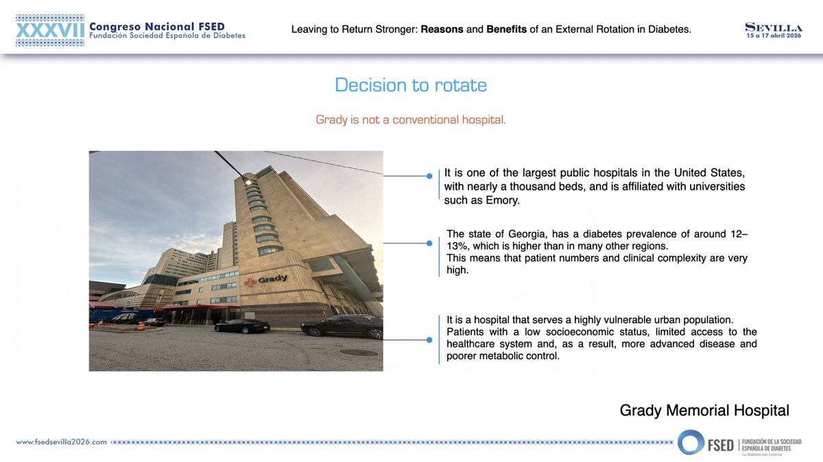 SEDiabetes's tweet photo. 🔷 Mesa Redonda @SEDiabetes @EASDacademy 

Salir para volver mejor 🌍✈️ Una rotación externa en un centro de referencia como Grady Memorial Hospital (Emory University) amplía la visión clínica, expone a poblaciones vulnerables y fortalece el modelo de atención integral centrado en el paciente 💡

@Everardox2  #SEDiab2026