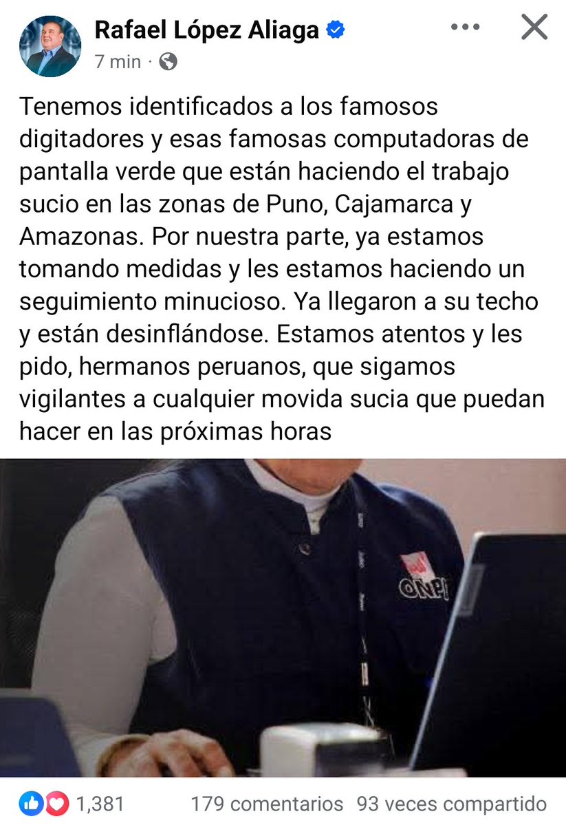 Tenemos identificados a los famosos digitadores y esas famosas computadoras de pantalla verde que están haciendo el trabajo sucio en las zonas de Puno, Cajamarca y Amazonas. Por nuestra parte, ya estamos tomando medidas y les estamos haciendo un seguimien facebook.com/share/18mb43Lz…