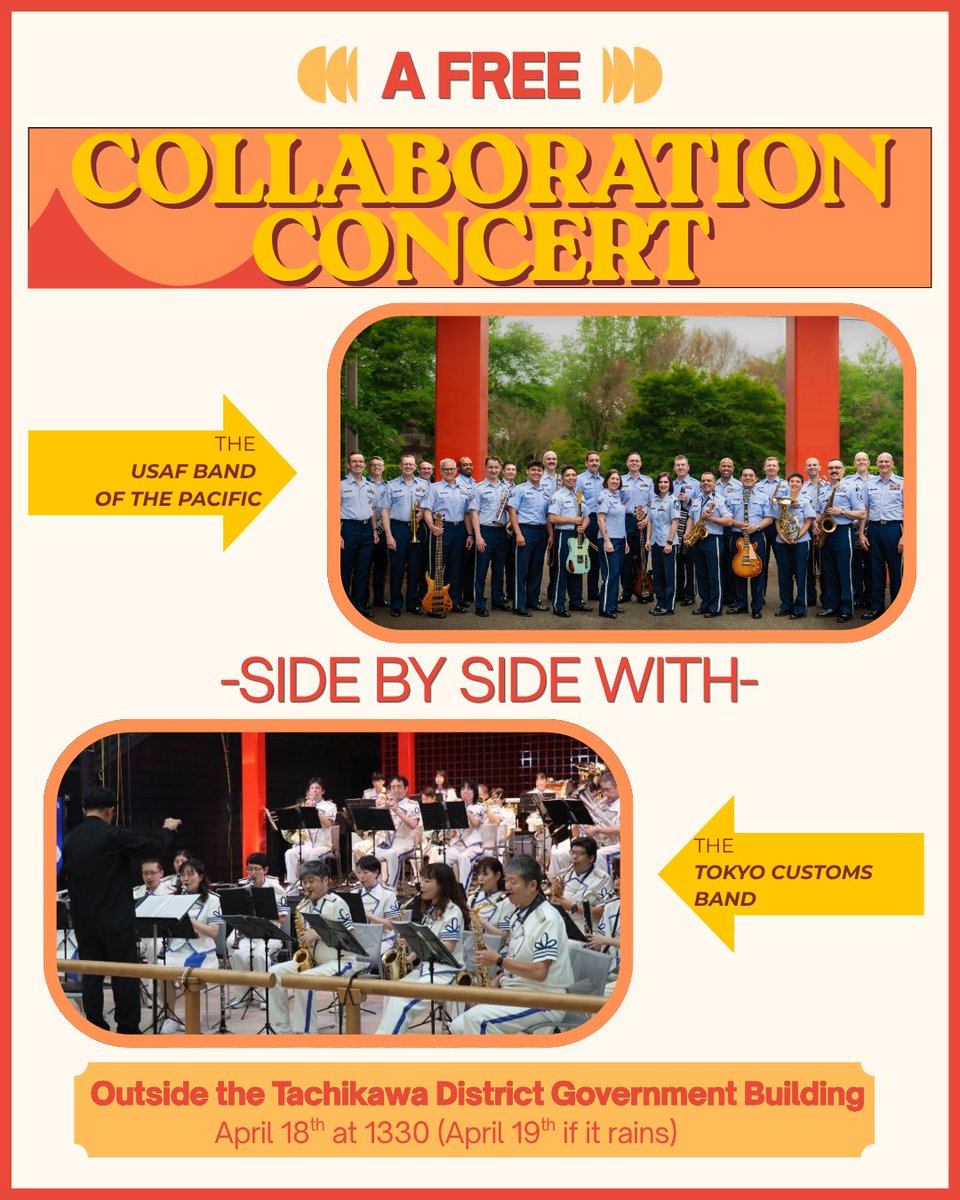 USAFBandPacific's tweet photo. 𝐒𝐈𝐃𝐄 𝐁𝐘 𝐒𝐈𝐃𝐄 wind ensemble concert with the Tokyo Customs Band @custom_kun! 

We’ll be playing outside in the fresh Tachikawa air in front of the Tachikawa District Government立川地方合同庁舎. 

🗓️April 18 at 1330
🗓️(if it rains on the 18th) April 19th at 1330 https://t.co/0HsEEnkNkL