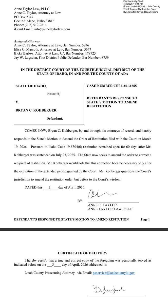 SarahDIrish's tweet photo. Defendants Response to States Motion to Amend Restitution

https://t.co/4J3veKaQBh

Order Amending Order of Restitution
https://t.co/rm8v2nnUMK

#BryanKohberger
#IdahoDocs https://t.co/12kag6j6lR