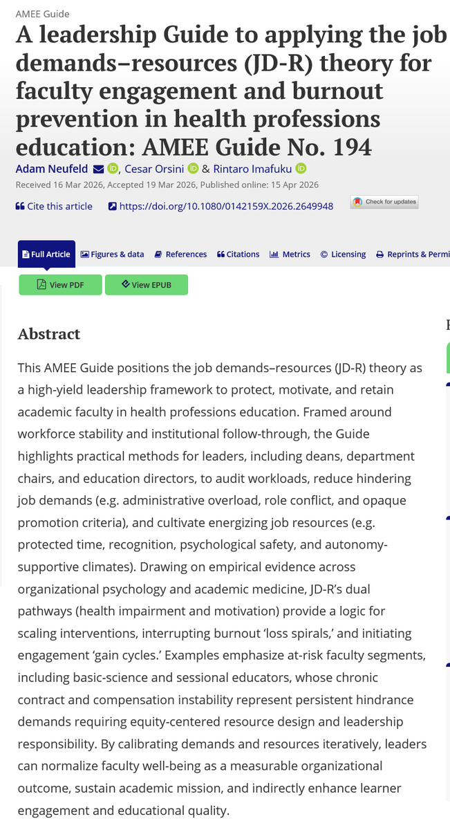 MedEdFlamingo's tweet photo. A new AMEE Guide has been published yesterday in @MedTeachJournal:

A leadership guide based on a theory for faculty engagement and burnout prevention. 

This is so needed and looks well-grounded. 

Good work by @AdamNeufeld4. https://t.co/L4gB9m7IGm