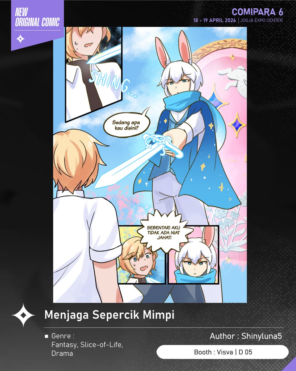 comipara_id's tweet photo. [COMIC RAID]
Author: Shinyluna5
Booth: D 05  -  Visva

Kali ini ada komik baru karya Kak Shinyluna5, berjudul "Menjaga Sepercik Mimpi yang akan dijual di Comipara 6 besok lho!

Sampai ketemu di venue! ✨

Comipara 6
18-19 April 2026
Jogja Expo Center

#comicraid6 https://t.co/cJozDCxUHi