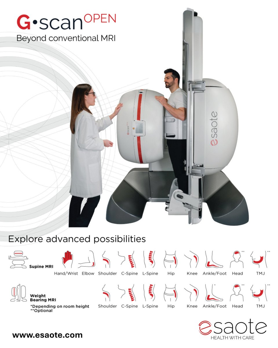 EsaoteAsia's tweet image. G-scan Open stands apart as a truly unique MRI solution - designed to perform scans in both supine and weight-bearing positions.

#MRI #Innovation #MedicalImaging #SpineCare #Esaote #HealthcareInnovation