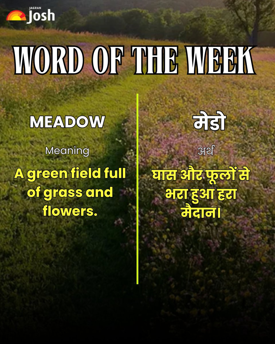 Jagranjosh's tweet image. Word of the Week: Meadow

अर्थ: Meadow एक खुला हरा-भरा मैदान होता है जहाँ घास, फूल और छोटे पौधे प्राकृतिक रूप से उगते हैं, और अक्सर वहाँ जानवर चरते हैं।

उदाहरण:
“The children played happily in the meadow full of wildflowers.”
#JagranJosh #WordOfTheWeek #Meadow #VocabularyBoost