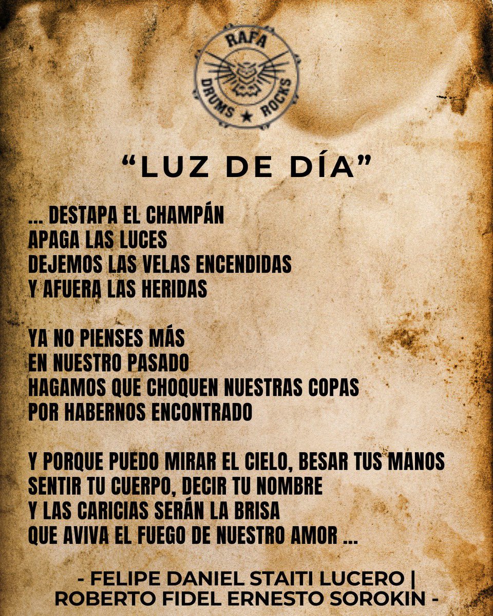 rafavlzqz_drums's tweet photo. #lamagiadelasletras de @felipestaitiofficial @cotioficial

“… Destapa el champán
Apaga las luces
Dejemos las velas encendidas
Y afuera las heridas

Ya no pienses más
En nuestro pasado
Hagamos que choquen nuestras copas
Por habernos encontrado

Y porque puedo mirar el cielo, besar tus manos
Sentir tu cuerpo, decir tu nombre
Y las caricias serán la brisa
Que aviva el fuego de nuestro amor …”

Autores: Felipe Daniel Staiti Lucero | Roberto Fidel Ernesto Sorokin
Artista: Enanitos Verdes
Álbum: Néctar
Año: 1998

#felipestaiti #cotisorokin @EnanitosOficial #rafadrums #YoungDrummer #Drummer #Drums #Baterista #Batteur #MusicIsLife #Mexico🇲🇽 #Switzerland🇨🇭 #heimat