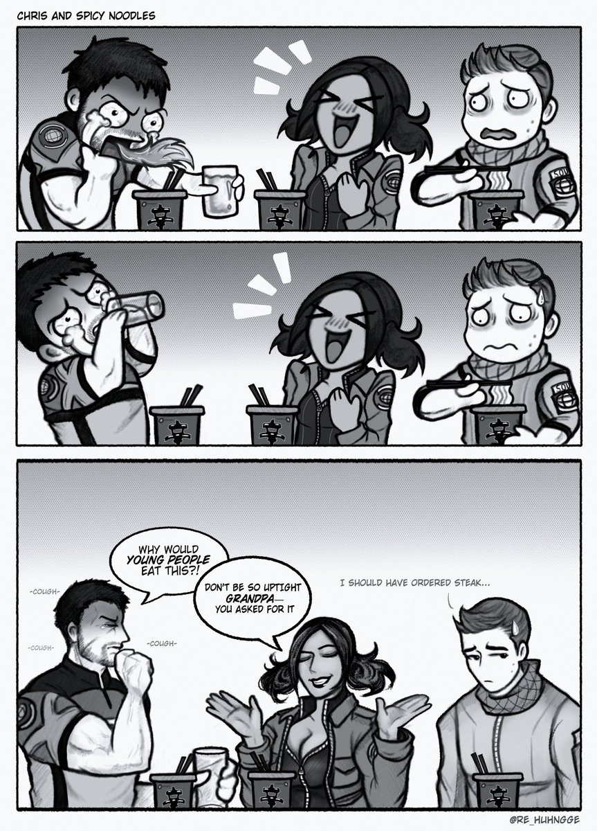 re_huhngge's tweet image. Chris and Spicy Noodles 🍜 

#fypシ゚ #rebhfun #piersnivans #merahbiji #chrisredfield