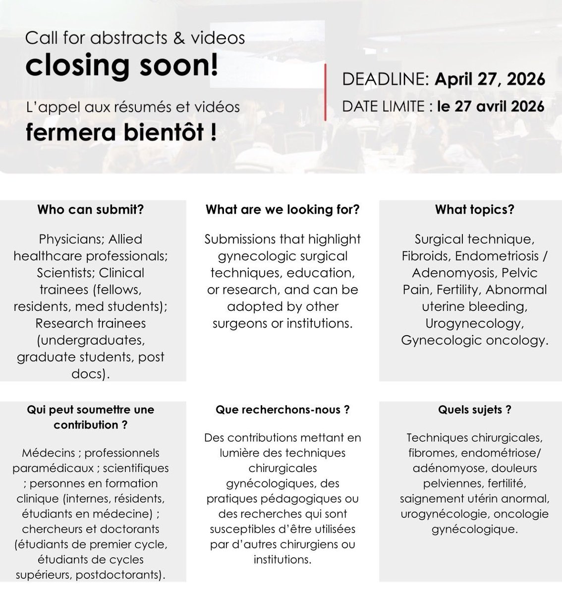 CanSAGE's tweet photo. Final call! Abstract &amp; video submissions for CanSAGE 2026 close April 27.

We’re looking for surgical techniques, education &amp; research in:
Fibroids | Endometriosis | AUB | Fertility | Urogyn | Gyn Onc

Open to MDs, trainees &amp; researchers.

#CanSAGE2026 #MIGS #Gynecolo https://t.co/YlNJGvKIp2
