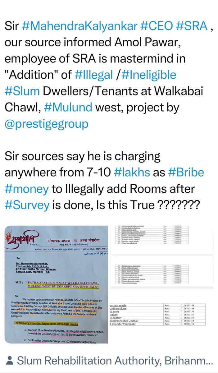 jskeshriya's tweet image. Sir @Dev_Fadnavis we have sent #Complaint to #CEO #SRA regarding "#Illegal &amp;amp; #Ineligible Rooms of Slum Dwellers/Tenants are being 'Added' at Walkabai Chawl, #Mulund west, project by @prestigegroup 

Source confirmed, Amol Pawar (as he says is employee of SRA) charges anywhere