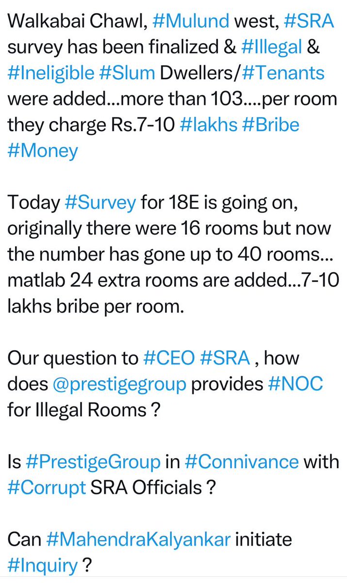 jskeshriya's tweet image. Sir @Dev_Fadnavis we have sent #Complaint to #CEO #SRA regarding "#Illegal &amp;amp; #Ineligible Rooms of Slum Dwellers/Tenants are being 'Added' at Walkabai Chawl, #Mulund west, project by @prestigegroup 

Source confirmed, Amol Pawar (as he says is employee of SRA) charges anywhere