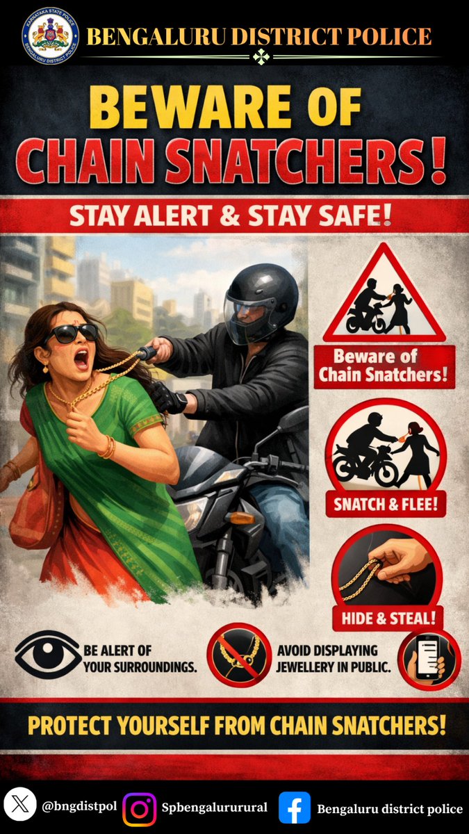 bngdistpol's tweet image. Stay alert in public places. Avoid displaying valuables and be aware of your surroundings - your safety comes first.
#StayAlert 
#ChainSnatchingAwareness
#PublicSafety
#BeVigilant
#StaySafe