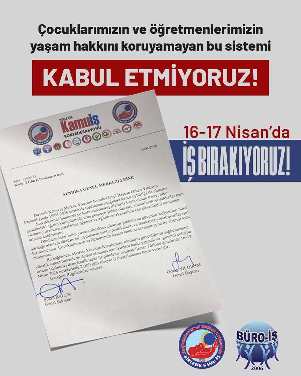 #Repost <a href="/buroissendikasi/">Büro - İş Sendikası</a> 
——
buroissendikasi Çocuklarımızın ve öğretmenin yaşam hakkını koruyamayan bu sistemi KABUL ETMİYORUZ! 16-17 Nisan’da İŞ BIRAKIYORUZ!