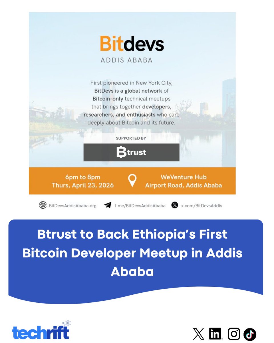 BitDevs  is coming to Ethiopia. The first technical  seminar takes place in Addis Ababa on April 23, 2026 
<a href="/btrustteam/">Btrust</a> <a href="/BitDevsAddis/">BitDevs Addis Ababa</a>