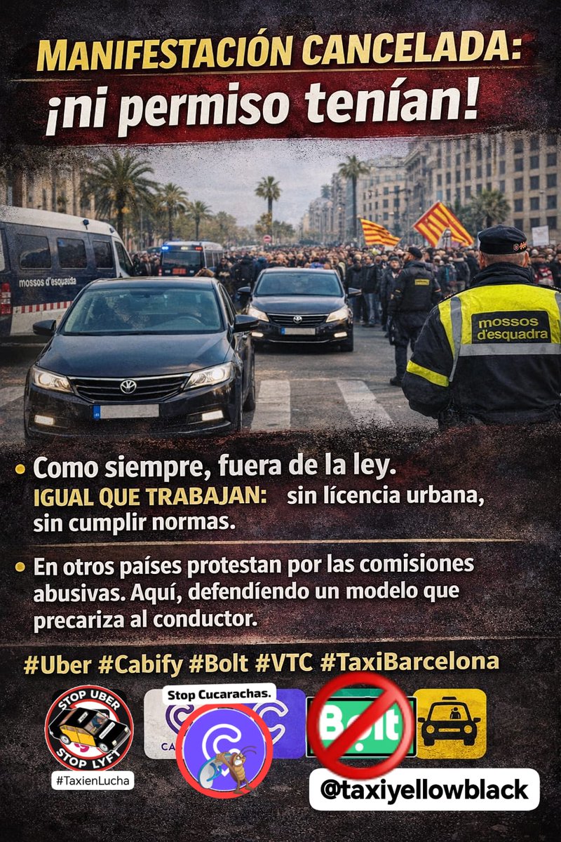 Elite_TaxiBcn's tweet image. Manifestación cancelada #Uber #Cabify #Bolt en Barcelona: ni permiso tenían.
Como siempre, fuera de la ley. Igual que trabajan: sin licencia urbana, sin cumplir normas.
En otros países protestan por las comisiones abusivas. Aquí, defendiendo un modelo que precariza al conductor.
