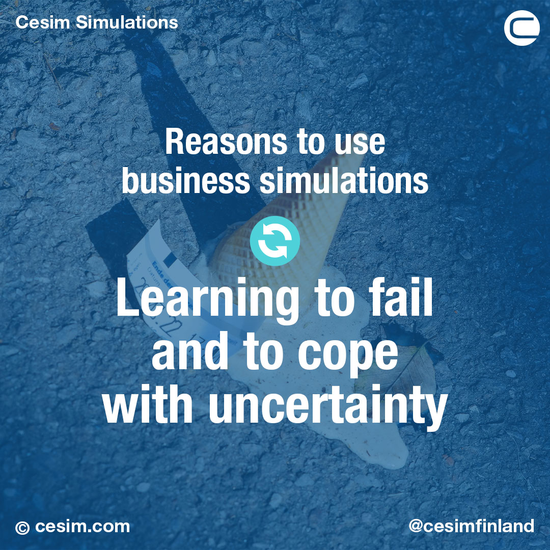 CesimFinland's tweet image. 🔄 Learning to fail and to cope with uncertainty
Failure is never pleasant, but learning from your own mistakes is key part of self-improvement.

Learn more about why to use business simulations: cesim.com/what-is-a-busi…

#cesimsimulation #businesssimulations #experientiallearning