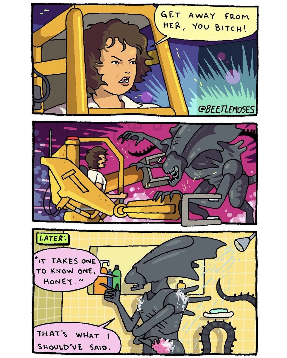 avpgalaxy's tweet image. We've all had that moment in the shower when we realize the perfect comeback to the iconic one-liner! This awesome Aliens cartoon is the work of Beetlemoses! #Aliens #GetAwayFromHerYourBitch #Beetlemoses #QueenAlien #Xenomorph #SigourneyWeaver #AlienvsPredator #AliensvsPredator