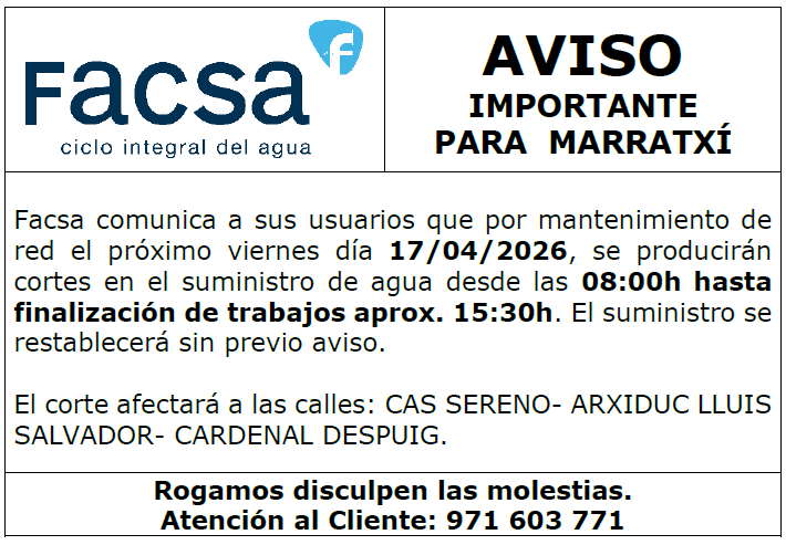 Facsa_es's tweet photo. ⚠️ AVISO #Marratxí: mañana 17/04, por trabajos de mantenimiento en la red, se producirá un corte de suministro. Disculpen las molestias. #Facsa
@AjMarratxi https://t.co/TyyCJhhZjt