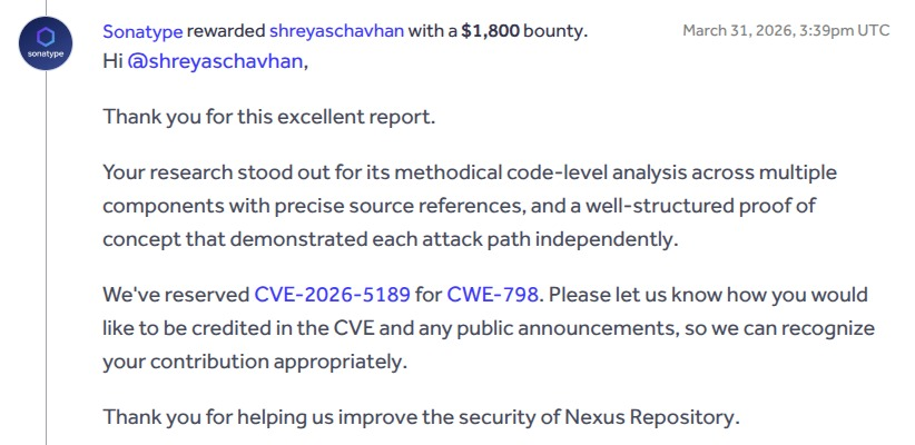 Happy to share that my first CVE is now public: CVE-2026-5189

This allowed an attacker to gain unauthorized read/write access to the internal database and execute arbitrary OS commands.

🔗 Public Advisory:  support.sonatype.com/hc/en-us/artic…

#bugbounty