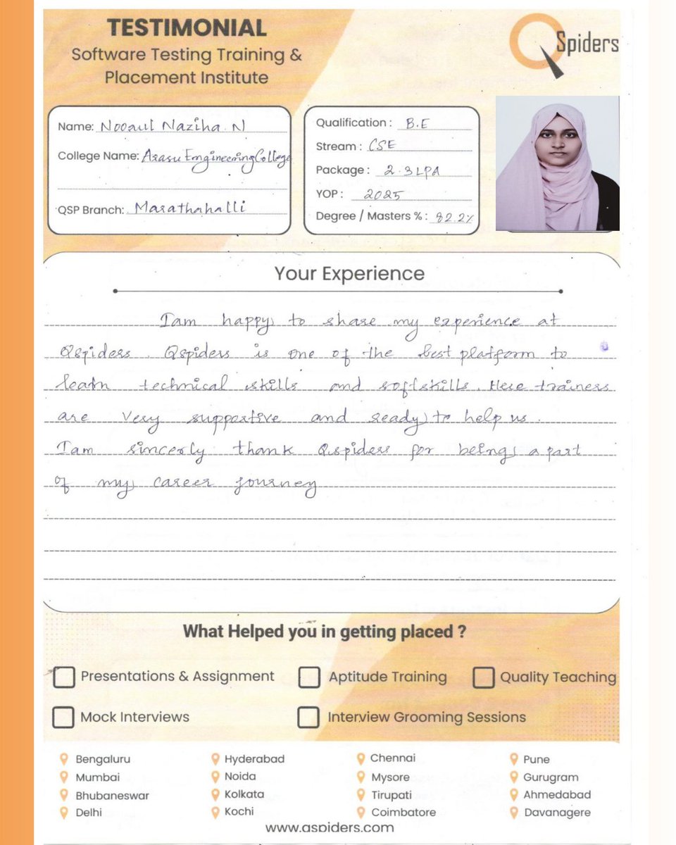 QspMarathahalli's tweet image. 🎉 Big Cheers, NOORUL NAZIHA N for your Success! 🎉

#QSpidersSuccess #PlacedInIT #CareerGoals