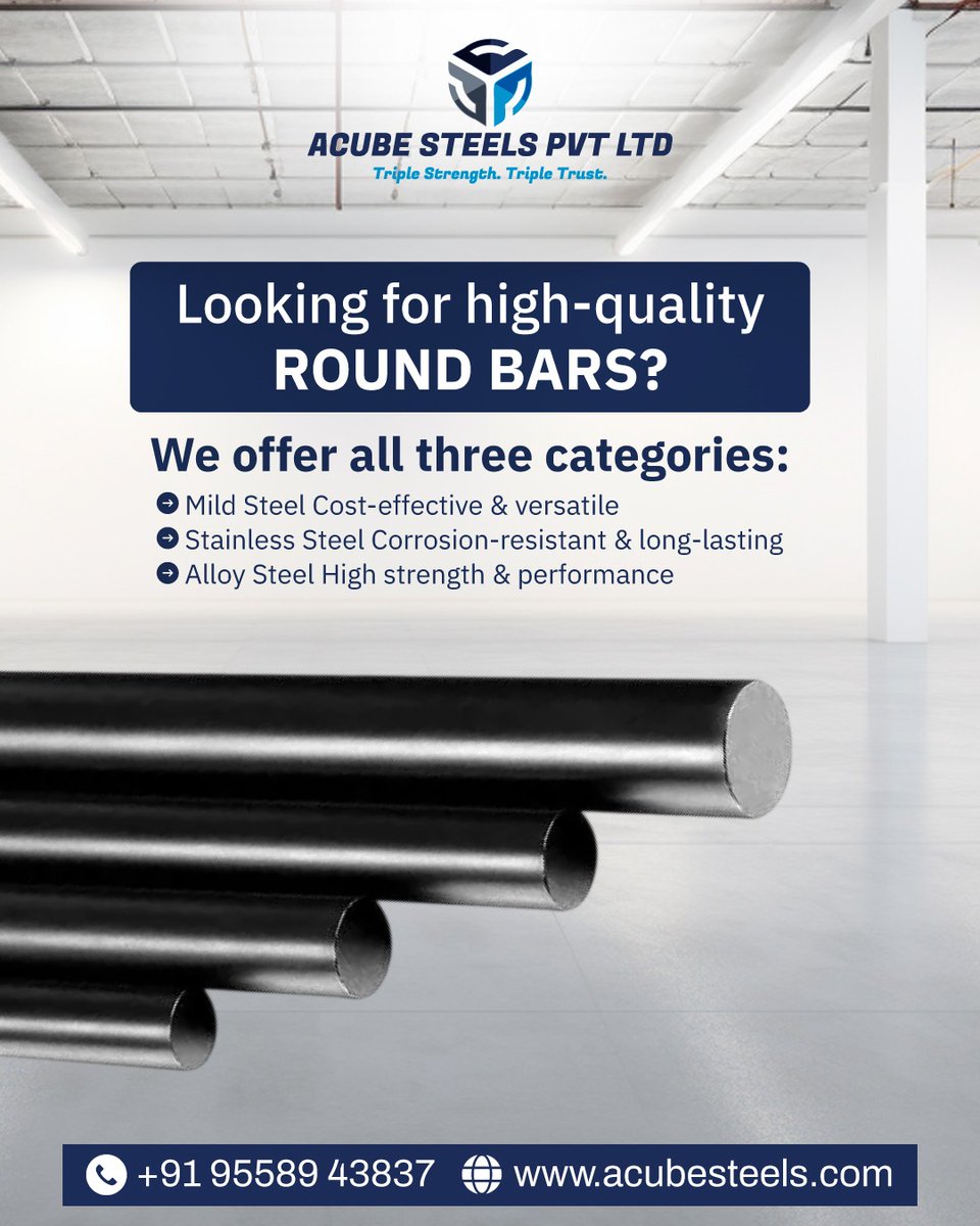 acubesteels's tweet image. Upgrade your projects with high-quality round bars! 🔩✨ 
From cost-effective Mild Steel to durable Stainless Steel &amp;amp; high-performance Alloy Steel, we provide the right choice for every need 💪 Get the perfect material for every application. 🚀

#AcubeSteelsPvtLtd #RoundBars