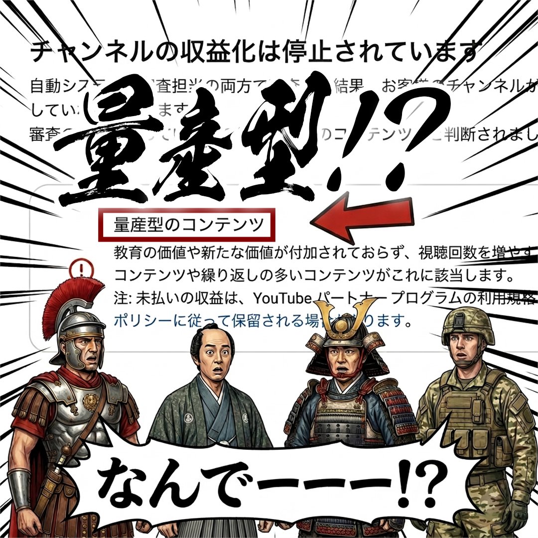 history_travel0's tweet photo. 【大切なお知らせ】 

@TeamYouTube

登録者2.8万人まで続けてきた「歴史再現トラベラー」が 「量産型コンテンツ」と判断され、収益が停止されました。

実際の制作体制は 
・歴史を徹底的に調べ、その時代の人々の視点で追体験できるオリジナル構成
・動画編集はすべて手作業 
・1本の動画制作に10日以上
・YouTubeショートはショート専用に再編集
など

このチャンネルの1本目の動画は完成まで20日以上かかり、今も1本の制作に10日近くかかっています。毎回、本当に全力で向き合ってきた動画たちが「量産型」と判定されたこと、正直すごく悲しいし、悔しいです…。

また、収益停止の状態では動画制作だけで生活をすることができず、最悪の場合チャンネルの存続も難しくなってしまう状況です。

チャンネルの動画を見ていただければ分かると思うのですが「量産型」とは真逆の制作を続けてきたつもりです。

また、収益が発生していない中では、これ以上の動画制作はできない状況です。
いつも当チャンネルをご覧いただいている方々。
誠に申し訳ありません。

当チャンネルを再度正しく判断されることを願っています。
拡散にご協力いただけると嬉しいです。