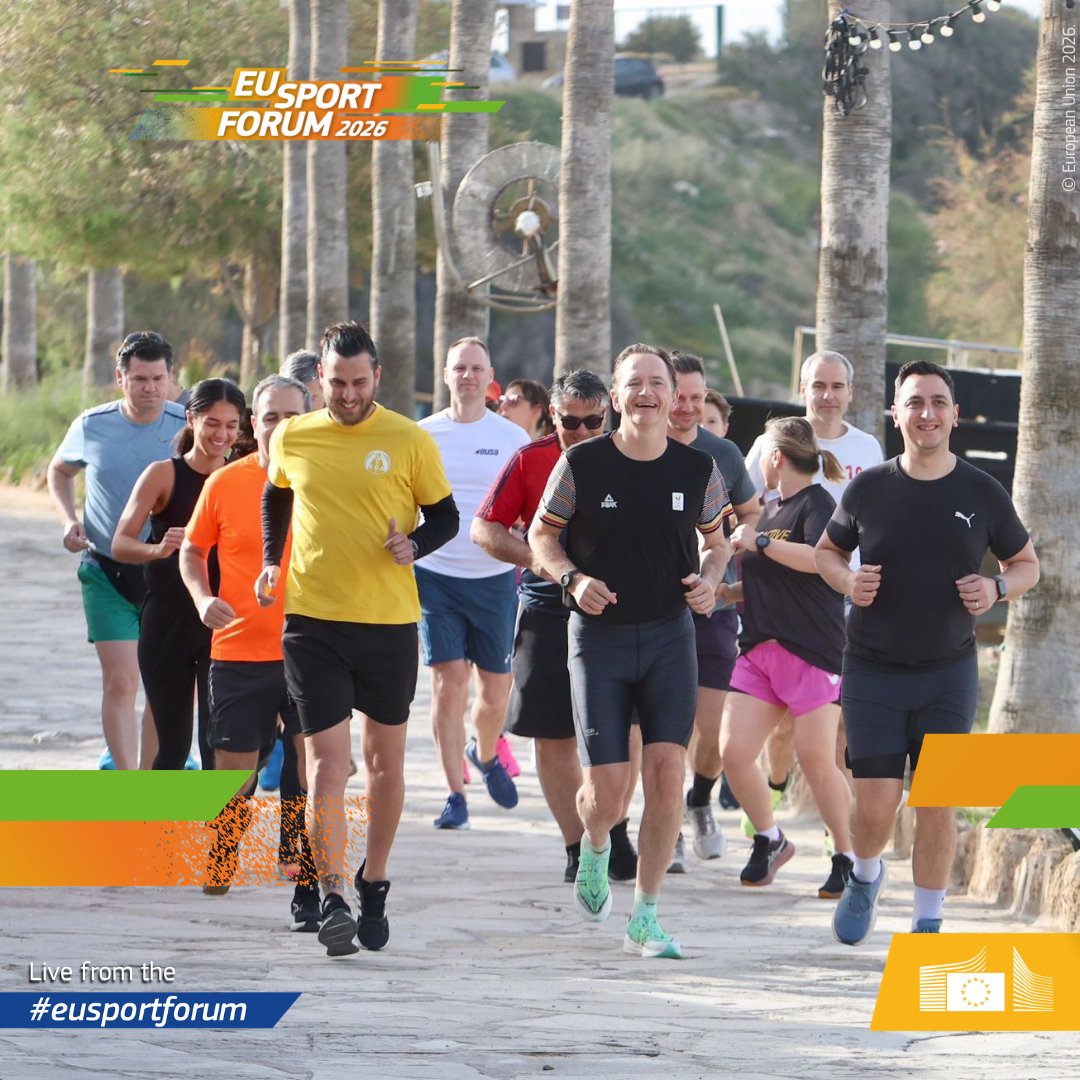 EuSport's tweet photo. Commissioner @GlennMicallef leads by example. Day 2 of #EUSportForum 2026 kicks off with a morning run on the shores of Paphos 🇨🇾 because when we talk about lifelong health and physical activity, we mean it. Today's agenda: keynote, physical activity, athlete interviews &amp; more. https://t.co/CpFV0MYMGa