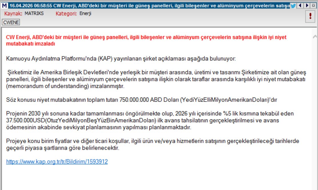 #CWENE gelen KAP bildirimi.

ABD de yerleşik bir firma ile 750 mly dolarlık anlaşma, 

37,5 milyon doları 2026 yılı içerisinde tahsil edilecek, iş süreci 2030 yılına kadar tamamlanacak.

Bakalım haber etkisi nasıl olur hissemizde. 

#efekentlisistem