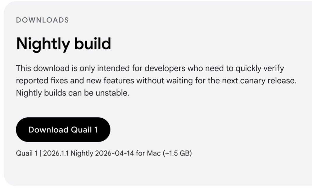 adityashinde_'s tweet photo. A new major release for Android Studio is coming named "Quail", please welcome a new bird to our favorite Android Studio animals family 🐥 https://t.co/JR4YXtjJ0f