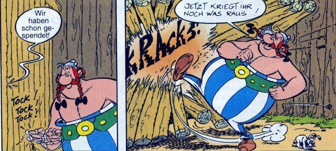 Asterix_Archiv's tweet image. Carpe momentum - das #Zitat des Augenblicks: "Wir haben schon gespendet!" - "Jetzt kriegt ihr noch was raus!" Legionär des Lagers Aquarium und Obelix in #Asterix und Maestria, Seite 44.