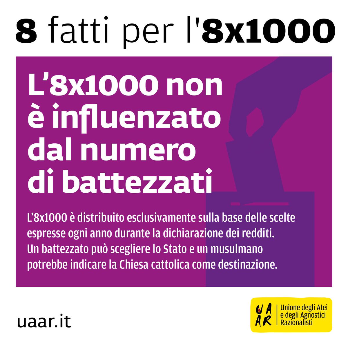 UAAR_it's tweet photo. #8x1000 non è influenzato dal numero di battezzati, ma viene distribuito esclusivamente sulla base delle scelte espresse ogni anno durante la dichiarazione dei redditi.
Per saperne di più sull'8x1000. 👇 
https://t.co/99VCbmHj1d https://t.co/CKhBvE6X7x