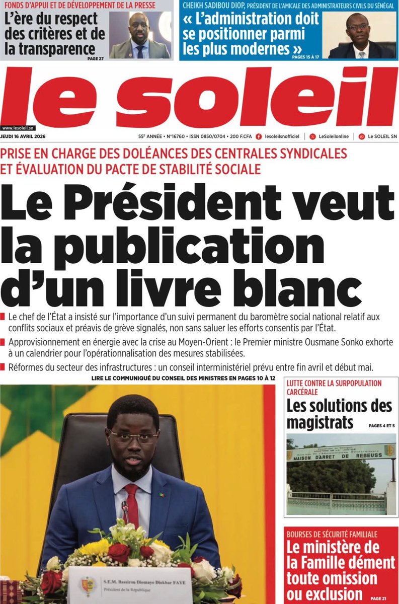MasseneDIOUF3's tweet image. Thread  la Une  des  journaux Sénégalais  du Jeudi  16  Avril 2026 🇸🇳👇🏽.
Bonne  journée  à  tous 🇸🇳 😍.

#Senegal 
#kebetu