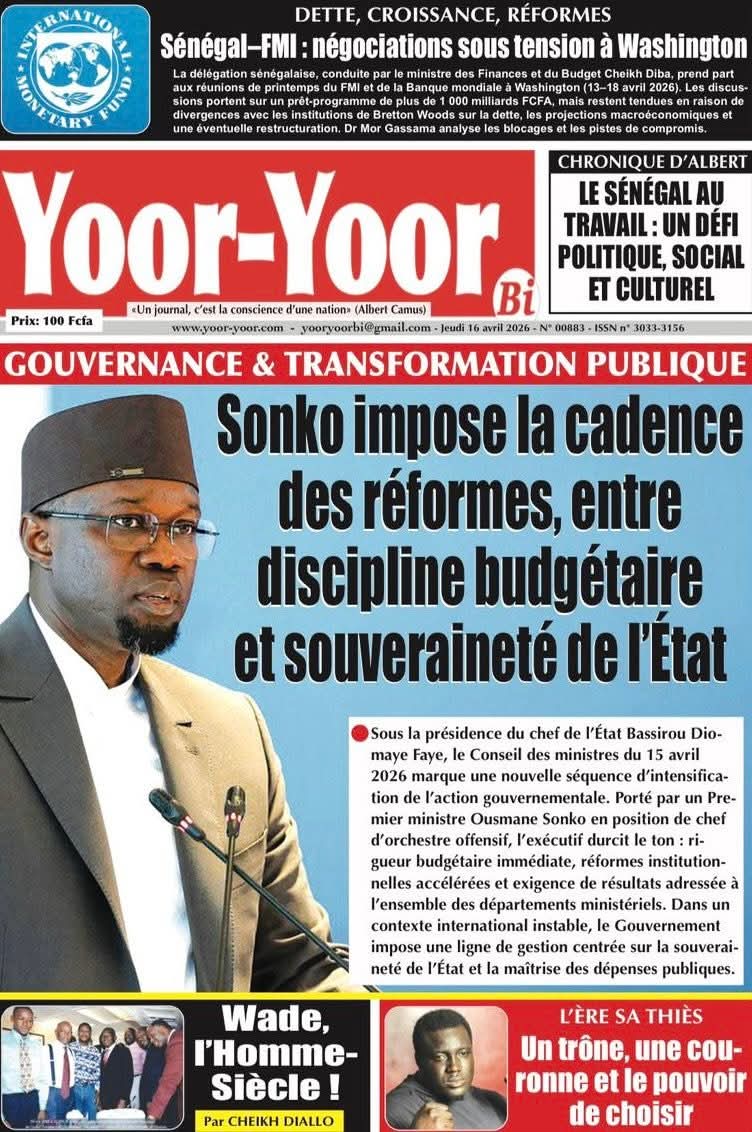 MasseneDIOUF3's tweet image. Thread  la Une  des  journaux Sénégalais  du Jeudi  16  Avril 2026 🇸🇳👇🏽.
Bonne  journée  à  tous 🇸🇳 😍.

#Senegal 
#kebetu