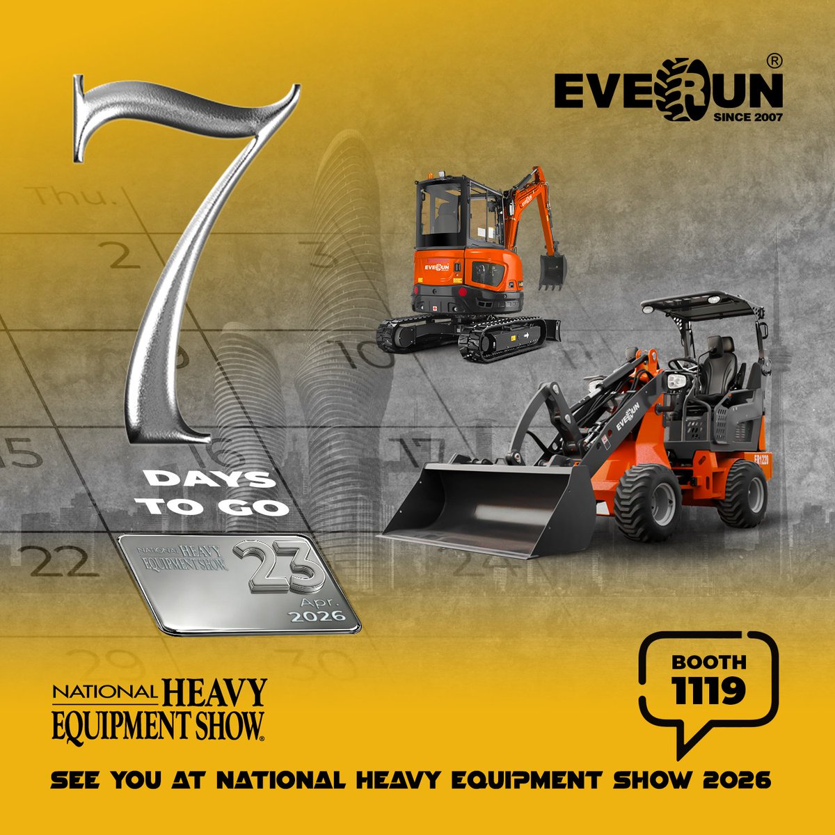 everun2007's tweet photo. 7 days to go！ 🇨🇦
See you at the National Heavy Equipment Show 2026
🚜 ERE35UF
🚜 ER1200-C
Compact, reliable, and built for real job site performance.
📅 April 23–24
📍 Mississauga’s International Centre
📌 Booth 1119
Let’s connect in Canada 🤝
#Everun #HeavyEquipmentShow https://t.co/2vFn2hW6En