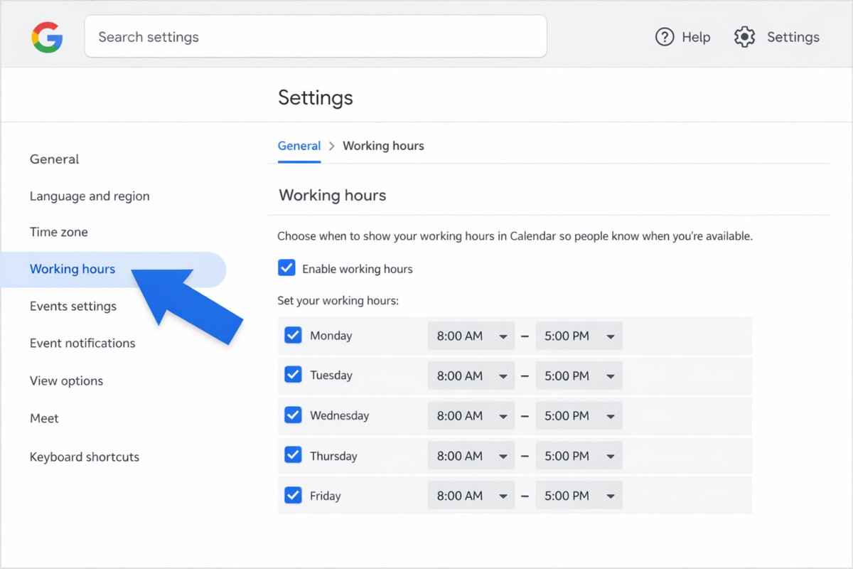 VictoriaJo79379's tweet photo. Free VA tool you should be using right now!
Google Calendar's "Working Hours" feature. Set your client's working hours so they can book meetings within that window. No more 11pm meeting requests.
#Calendarmanagement #Virtualassistants #Productivitytool #Remotework https://t.co/2KaieW9yGk