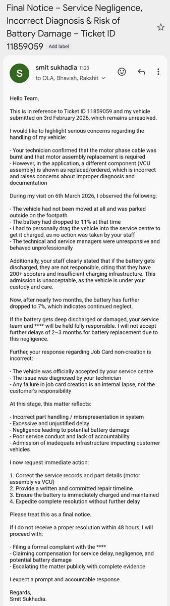 crosslightfox's tweet photo. Hello @OlaElectric @bhash   
Ticket # 11859059
It's been 2.5 months ( since 3rd Feb ) , 
No resolution, no reply , not even part approval process,
Please take immediate action on service centre. 
Extremely frustrated,
Never buy #olaelectric surat https://t.co/4JYOidWrY8