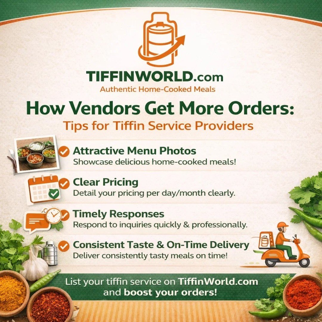 tiffinzworld's tweet image. Want more tiffin orders? 🍱
Better photos, clear pricing, quick replies &amp;amp; consistent quality = more customers.

List your service on TiffinWorld &amp;amp; grow faster 🚀
.
.
#TiffinWorld #FoodBusiness #HomeKitchen #TiffinService
#FoodEntrepreneur #SmallBusinessIndia #KitchenBusiness