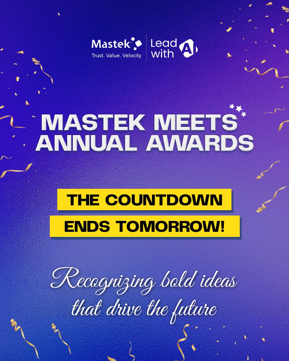 Mastekltd's tweet photo. 1 day to go!
The wait is almost over.
Tomorrow, we recognize excellence, applaud dedication, and celebrate the extraordinary. 🎊
#Mastek #AnnualAwards #1DayLeft #ExcellenceInAction #Recognition #Celebration https://t.co/yMMYB3P5Ze
