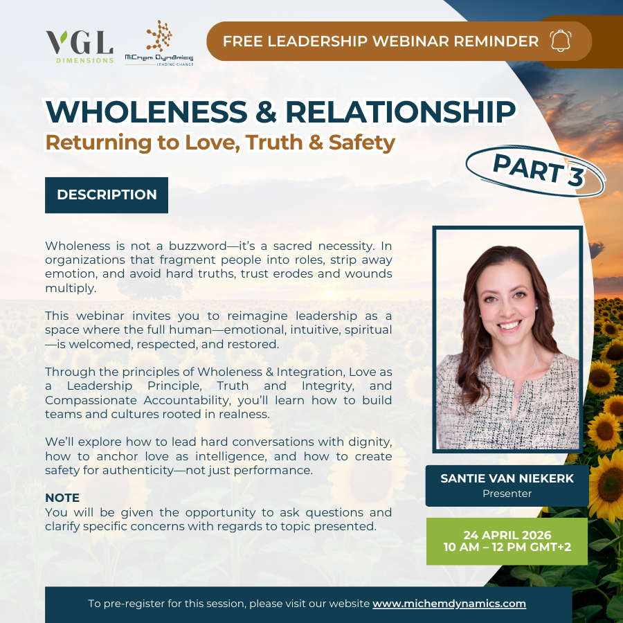 ✨🕊️ FREE LEADERSHIP WEBINAR — THIS IS WHERE LEADERSHIP BECOMES HUMAN 🕊️

PART 3 – Wholeness &amp; Relationship - Returning to Love, Truth &amp; Safety

🎤 Presented by the phenomenal Santie van Niekerk
📅 24 April 2026
💻 Online | Free to attend

👉 Register now: us02web.zoom.us/webinar/regist…