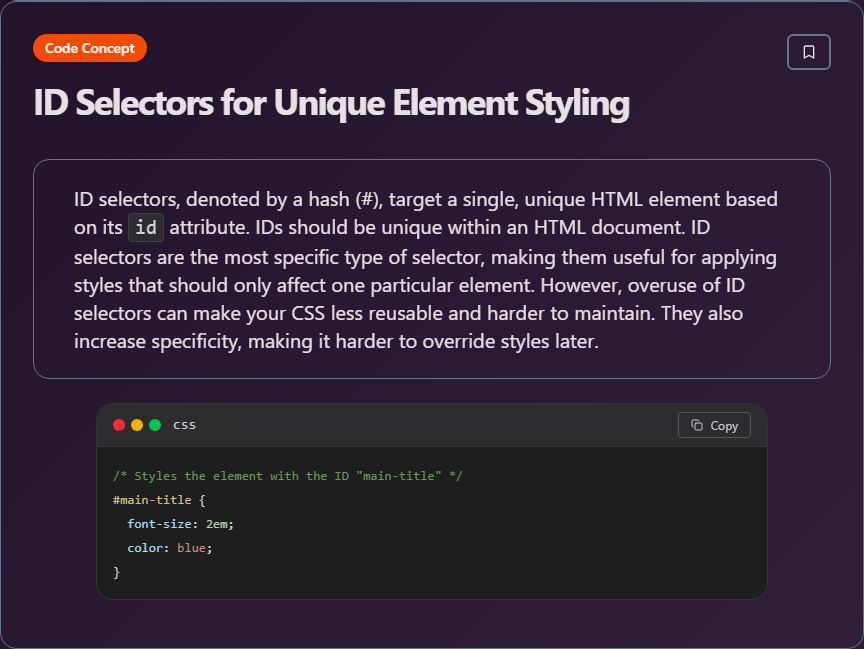 techielearnapp's tweet image. ✨ ID Selectors for Unique Element Styling (Html And Css)

Learn more on our app: play.google.com/store/apps/det…

#HTML #CSS #WebDesign #Frontend #100DaysOfCode #DevLife