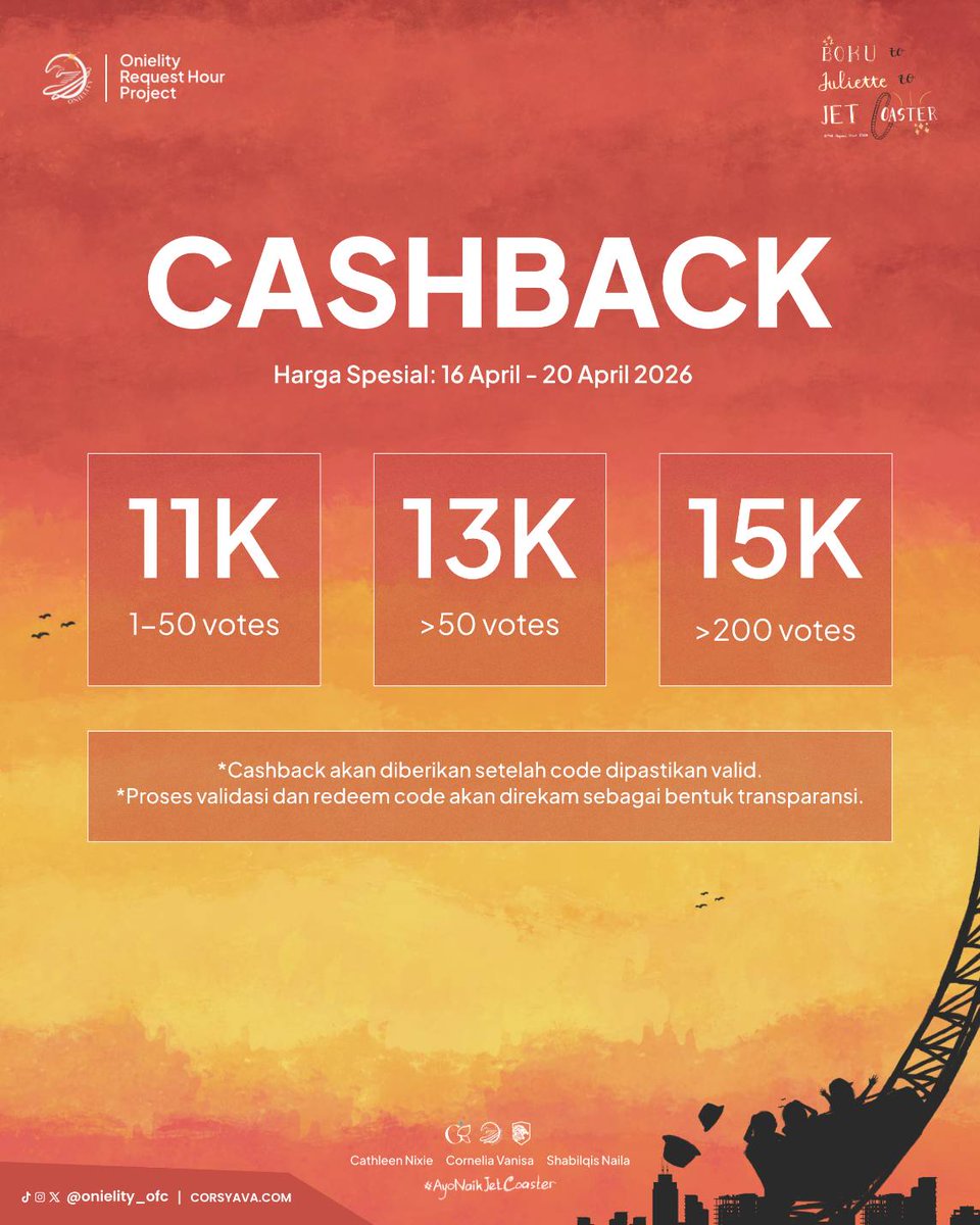 onielity_ofc's tweet photo. ⚠️ ONIELITY CASHBACK IS HERE ⚠️
Onielity mengadakan SPECIAL PRICE buat cashback kode vote RH ❗️❗️

Buat kamu yang punya kode vote belum dipakai, bisa menukarkan kode vote yang kamu punya dan dapatkan cashback sebesar harga tertera digambar ya 🙌🏻

Bagi teman-teman yang ingin cashback bisa isi form di bawah ini :
🔗 https://t.co/8QWwaCcET5

YUK GUYSSS BURUAN, LIMITED YAA🔥🎢

#AyoNaikJetCoaster 🎢
#JKT48RequestHour2026