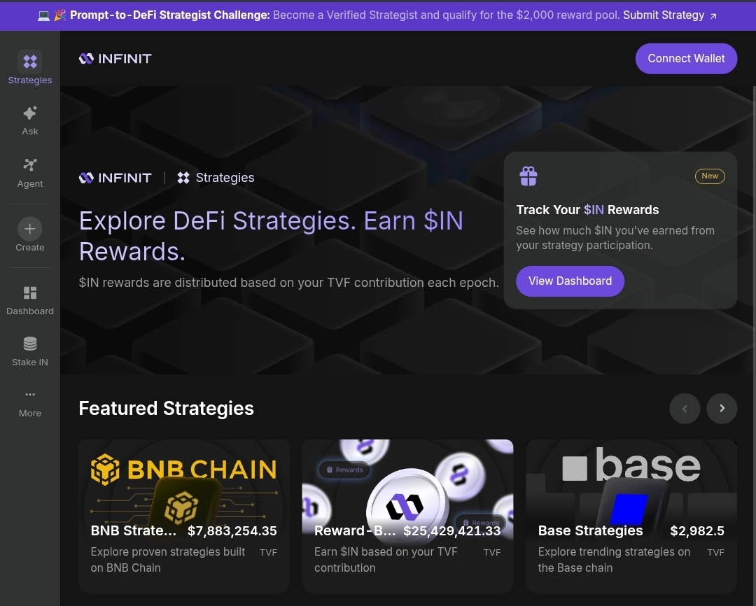 Only1temmy's tweet photo. . @Infinit_Labs is running a 30-day Prompt-to-DeFi Strategist Challenge and time is ticking.

describe a defi strategy in plain language, ai agents handle execution across 14+ chains and 20+ protocols. no code, fully non-custodial.

i built the BNB-slisBNB Loop on Venus Protocol and it's crossed $4.9M in TVF. from a prompt.

strategists earn from a $2,000 reward pool based on TVF each epoch. the more your strategy attracts, the more you earn.

even if you're not chasing rewards, it's a solid way to learn how defi strategies actually work.

30 days goes fast. if you've had a strategy idea sitting in the back of your mind, now's the time.
