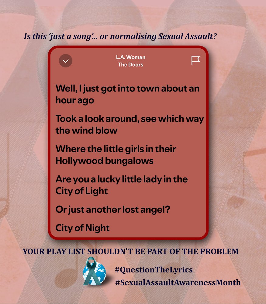 CatheyTweets's tweet photo. Day 16
#SexualAssaultAwarenessMonth #QuestionTheLyrics https://t.co/NKk4fYWYU4