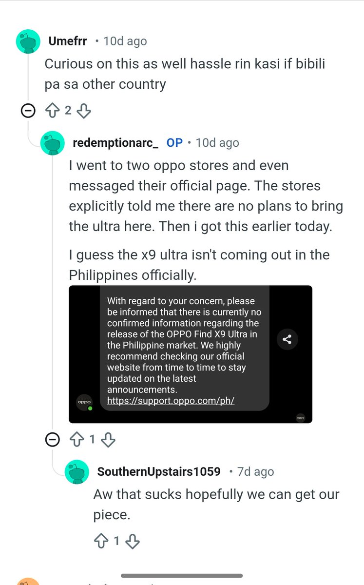 daaaaaaarrr's tweet photo. @AircraftMech13 @sondesix Nakita ko lang sa reddit, sir. Mukhang maliit chance. Since di rin nirelease dito yung Pro. Mahina siguro sales dito ng ng Find X series since ang taas ng price range. Grey market resellers nalang siguro makakabili ng global na x9 ultra. https://t.co/A6BEwPlOzS