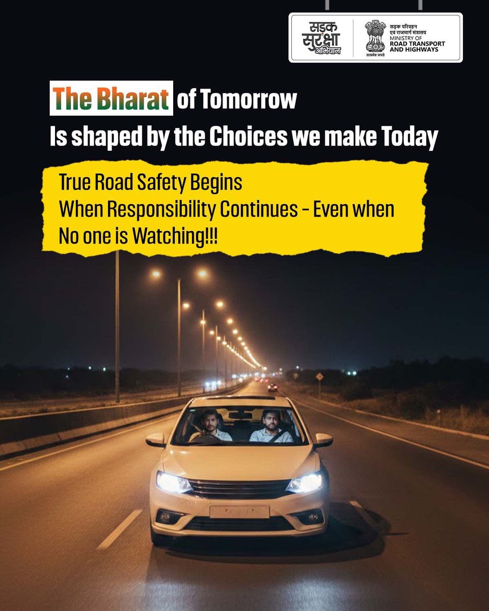 SSAIndia's tweet photo. No Cameras, No Challans, No Spotlight - Only Your Conscience.

When no one is watching, your choices speak the loudest. Road safety is not a reaction to enforcement, it is a reflection of who you are. True responsibility is not performed for the world to see, it’s practised when no one is there to notice.

Choose right, even when it’s just you and the road.

#RoadSafety #SadakSurakshaAbhiyan